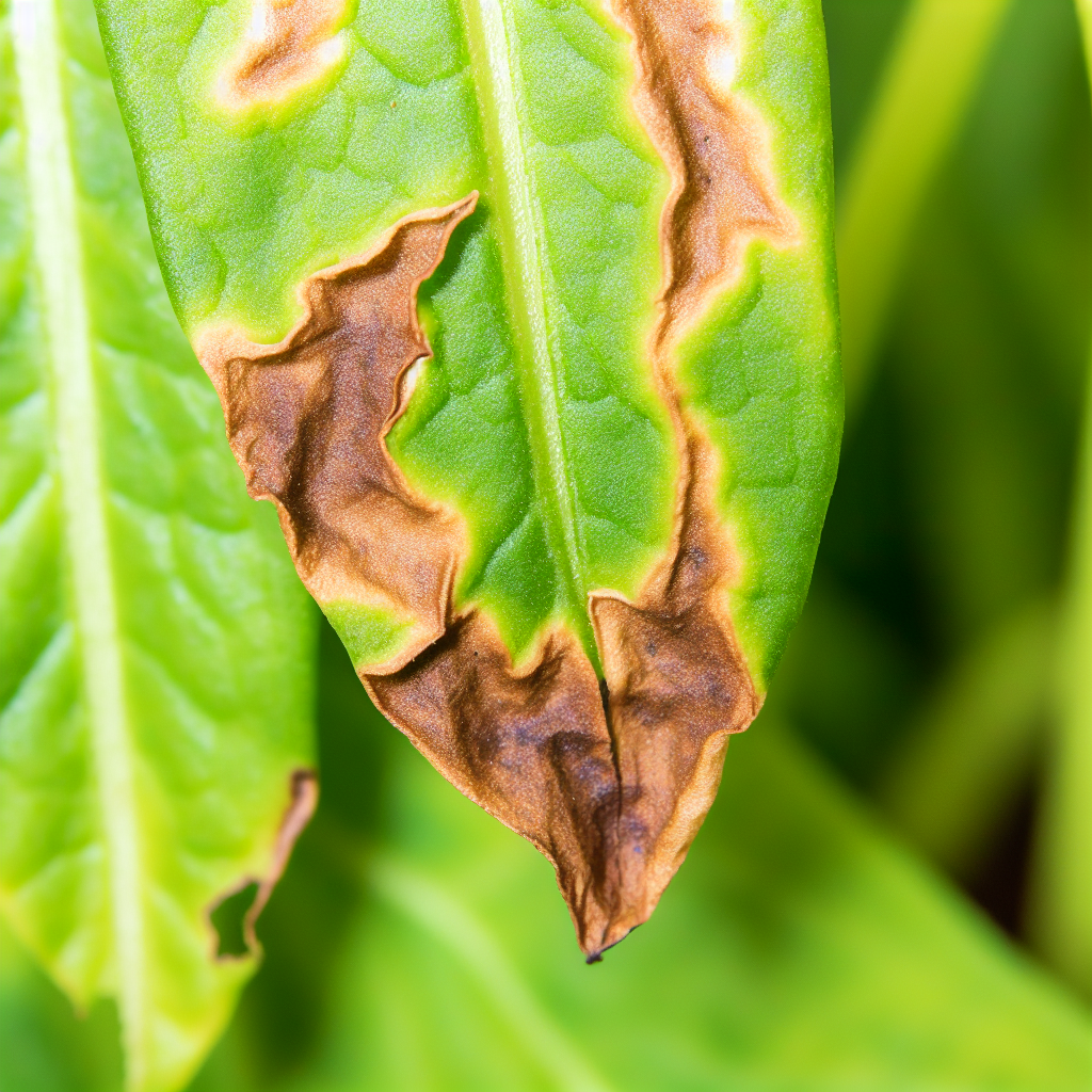 A close-up of a leaf with a crispy, brown tip.