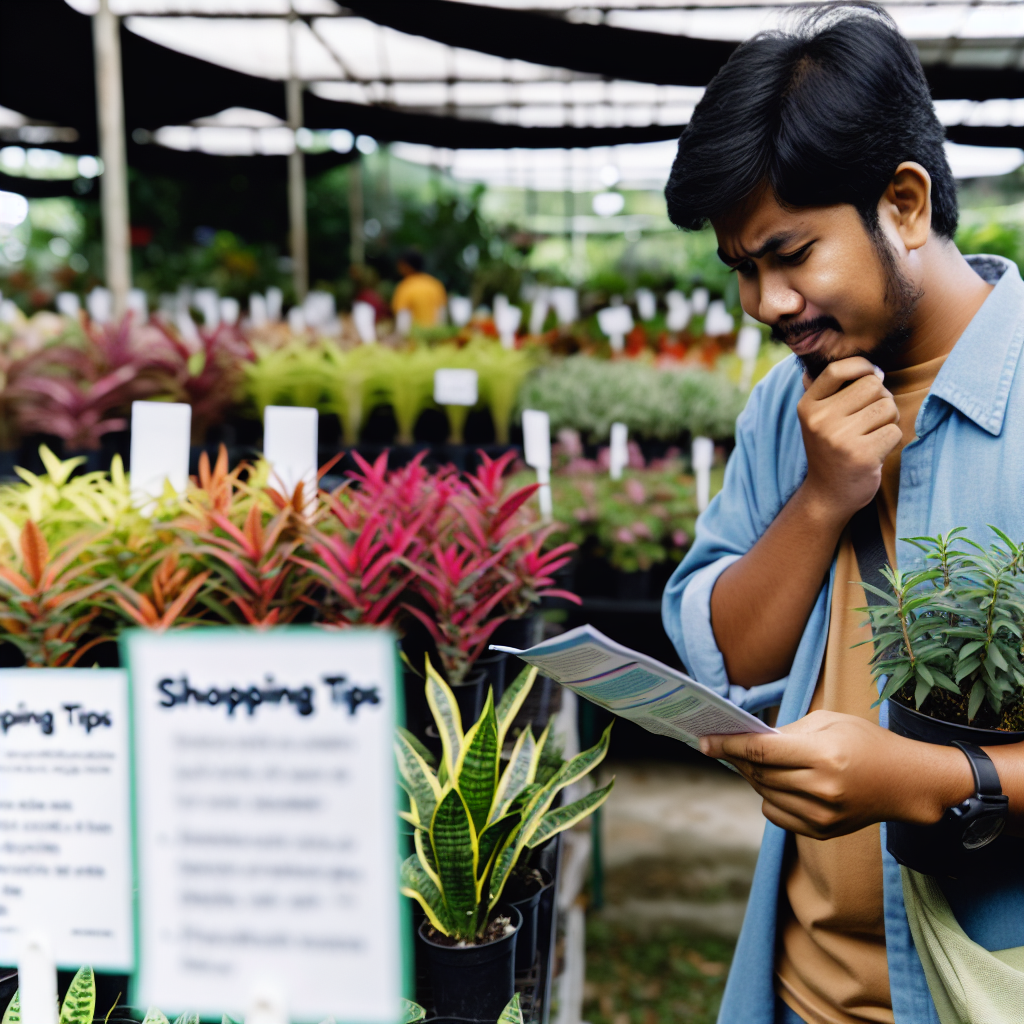 A person looking at a variety of houseplants in a bright, airy room.