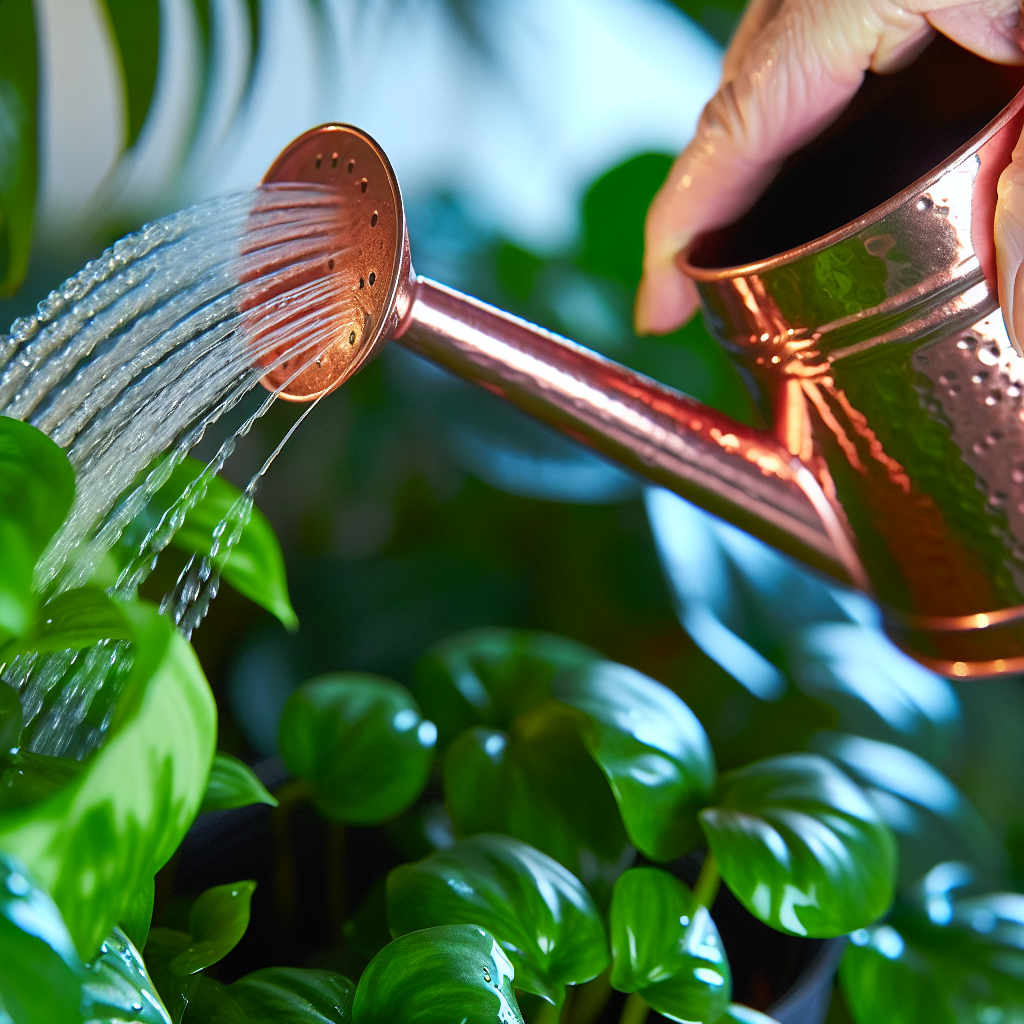 A person watering a plant with a stylish watering can.